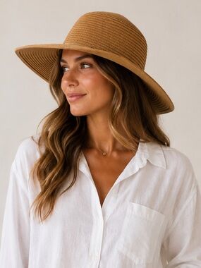 Old Navy Paper Straw Wide Brim Sun Hat Tan S/M Beach Boho